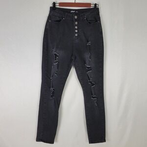 Special One Juniors Jeans 15‎ Black Denim High Rise Skinny Button Fly Distressed